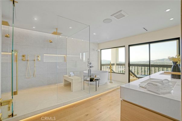 Bathroom, Free Standing Baths, Glass Shower, Interior, Recessed Lighting, Wood Texture Flooring