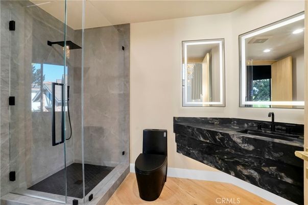 Bathroom, Glass Shower, Interior, Recessed Lighting, Wood Texture Flooring