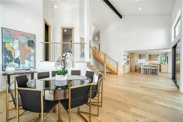 Chandelier, Dining room, Interior, Kitchen, Pendant Lights, Recessed Lighting, Wooden Beams, Wood Texture Flooring