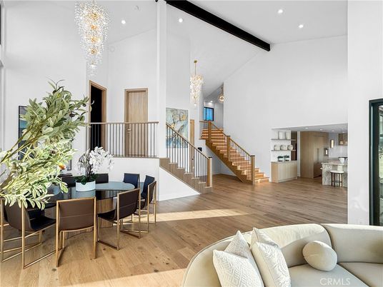 Chandelier, Dining room, Interior, Living room, Recessed Lighting, Wooden Beams, Wood Texture Flooring