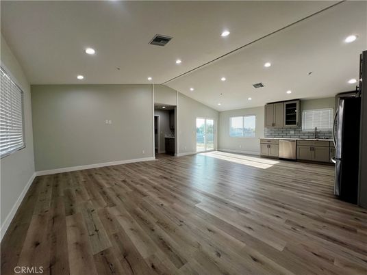 Empty room, Interior, Kitchen, Recessed Lighting, Wood Texture Flooring