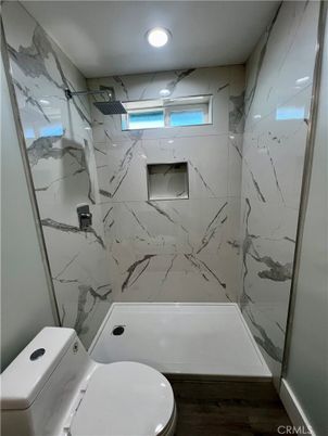 Bathroom, Glass Shower, Interior, Marble Walls, Recessed Lighting
