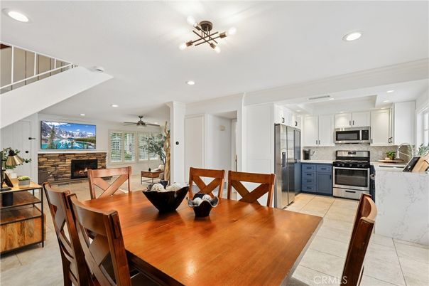 Dining room, Fireplace, Interior, Kitchen, Recessed Lighting, Stainless Steel Appliances