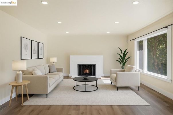 Fireplace, Interior, Living room, Recessed Lighting, Wood Texture Flooring