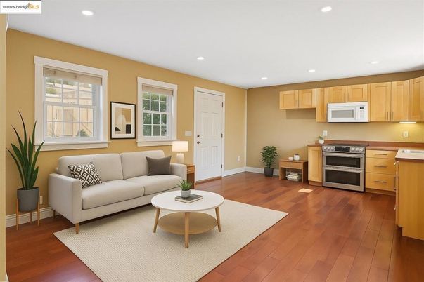 Interior, Kitchen, Living room, Recessed Lighting, Stainless Steel Appliances, Wood Texture Flooring