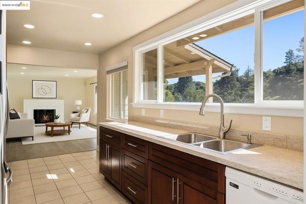 Fireplace, Interior, Kitchen, Living room, Recessed Lighting, Wood Texture Flooring