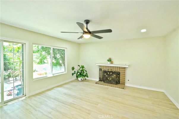 Empty room, Fireplace, Interior, Recessed Lighting, Wood Texture Flooring