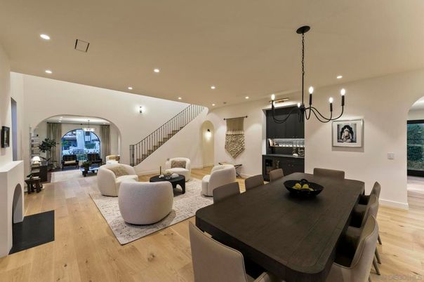 Dining room, Fireplace, Interior, Living room, Pendant Lights, Recessed Lighting, Wood Texture Flooring