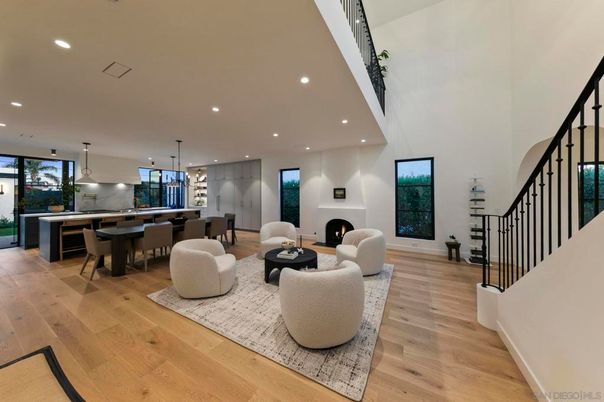 Dining room, Fireplace, Interior, Kitchen, Living room, Pendant Lights, Recessed Lighting, Wood Texture Flooring