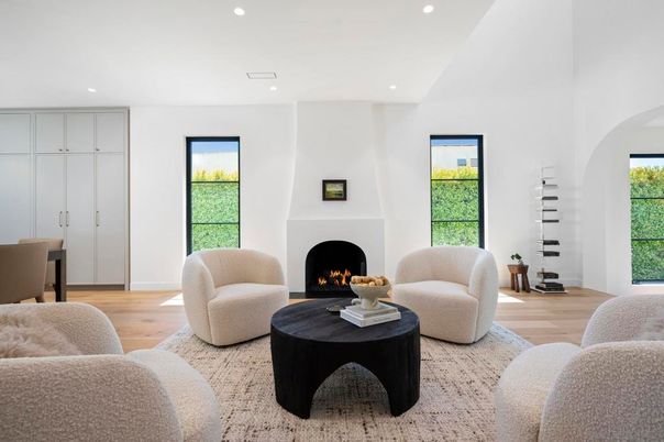 Fireplace, Interior, Living room, Recessed Lighting, Wood Texture Flooring