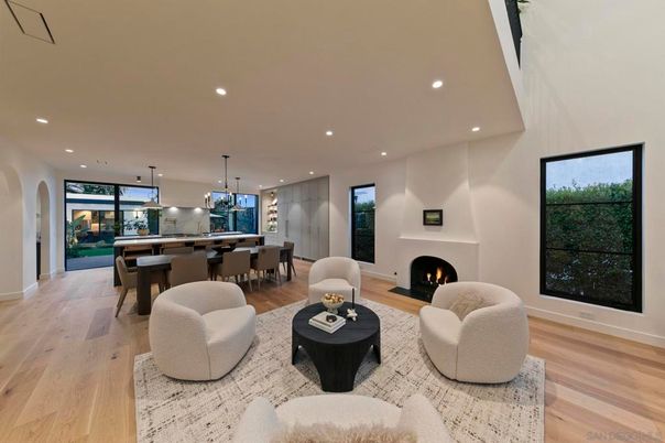 Dining room, Fireplace, Interior, Living room, Pendant Lights, Recessed Lighting, Wood Texture Flooring