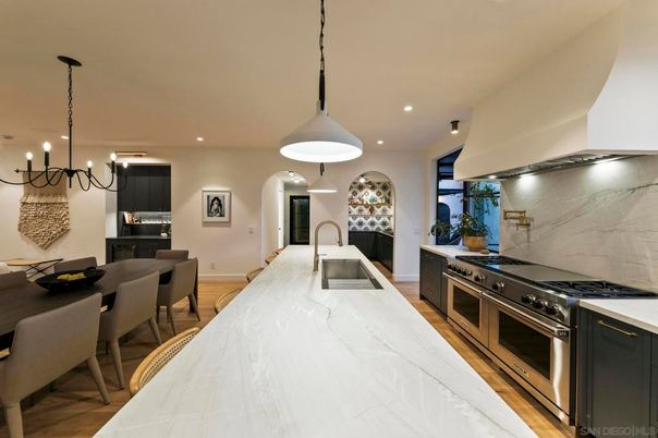 Dining room, Interior, Kitchen, Pendant Lights, Recessed Lighting, Stainless Steel Appliances, Wood Texture Flooring