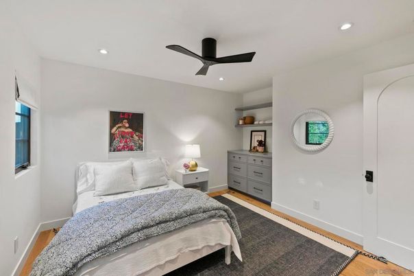 Bedroom, Interior, Recessed Lighting, Wood Texture Flooring