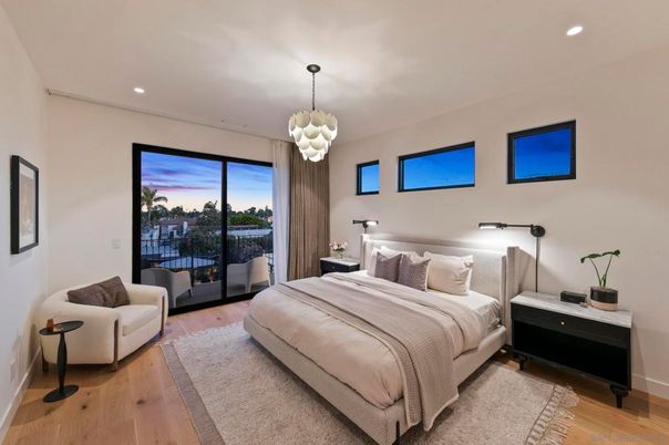Bedroom, Interior, Pendant Lights, Recessed Lighting, Wood Texture Flooring