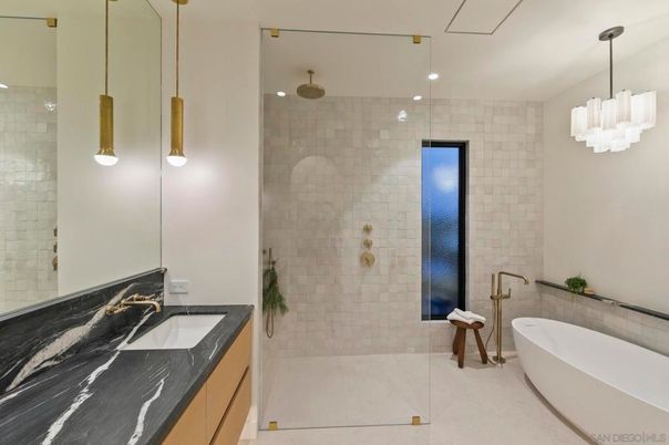Bathroom, Dual Sink Vanities, Glass Shower, Interior, Pendant Lights, Recessed Lighting