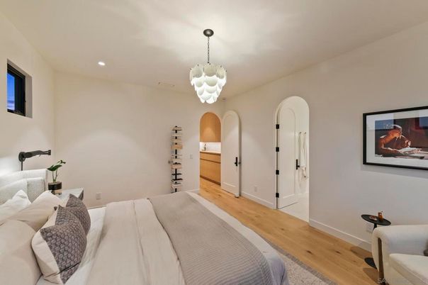 Bedroom, Interior, Pendant Lights, Recessed Lighting, Wood Texture Flooring