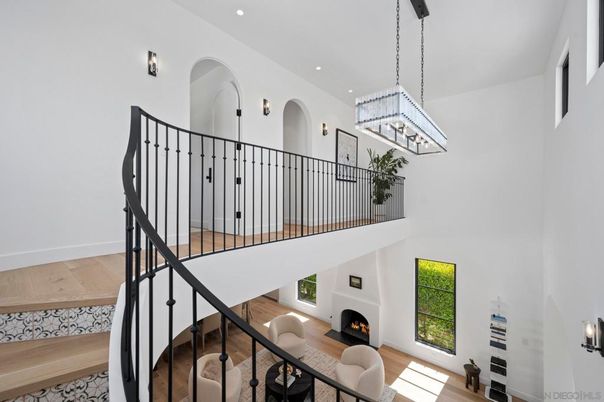 Fireplace, Interior, Pendant Lights, Recessed Lighting, Wood Texture Flooring