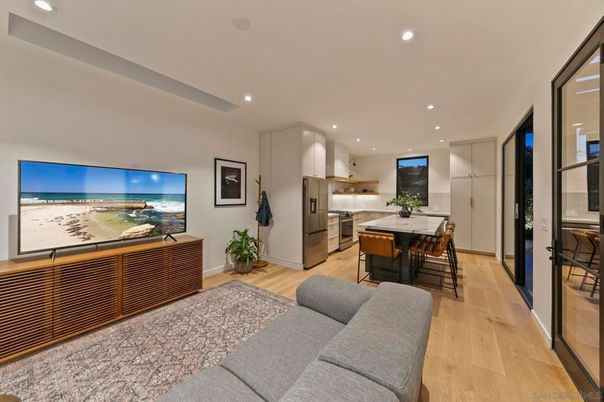 Dining room, Interior, Kitchen, Living room, Recessed Lighting, Stainless Steel Appliances, Wood Texture Flooring