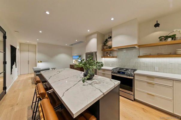 Dining room, Interior, Kitchen, Recessed Lighting, Stainless Steel Appliances, Wood Texture Flooring