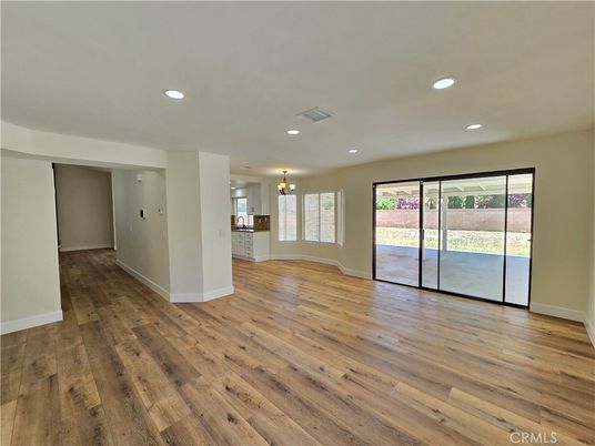 Chandelier, Empty room, Interior, Recessed Lighting, Wood Texture Flooring