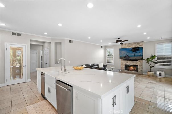 Fireplace, Interior, Kitchen, Recessed Lighting, Stainless Steel Appliances