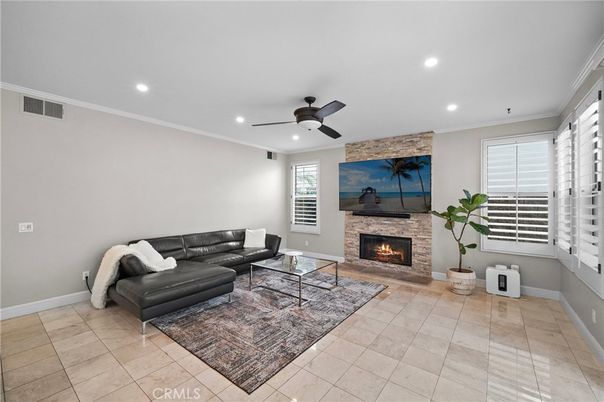 Fireplace, Interior, Living room, Recessed Lighting, Stone Walls