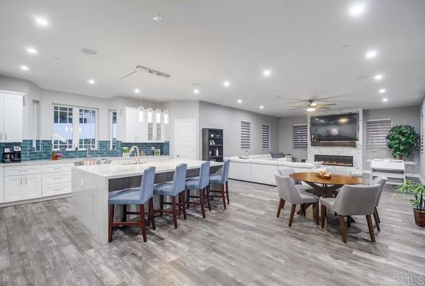 Dining room, Fireplace, Interior, Kitchen, Living room, Pendant Lights, Recessed Lighting, Wood Texture Flooring