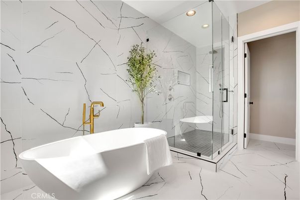 Bathroom, Free Standing Baths, Glass Shower, Interior, Marble, Marble Walls, Recessed Lighting