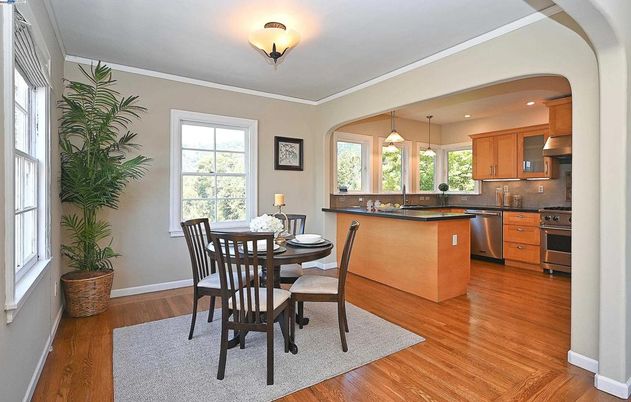 Dining room, Interior, Kitchen, Pendant Lights, Recessed Lighting, Stainless Steel Appliances, Wood Texture Flooring