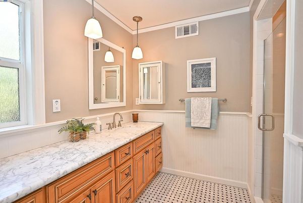Bathroom, Glass Shower, Interior, Pendant Lights