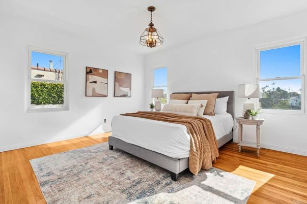 Bedroom, Interior, Pendant Lights, Wood Texture Flooring