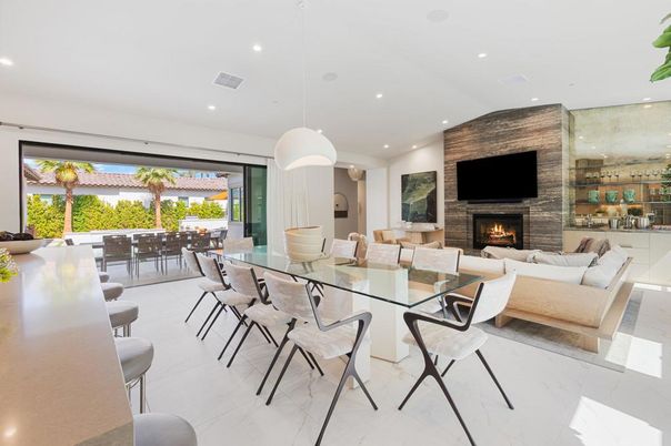 Dining room, Fireplace, Interior, Living room, Marble, Pendant Lights, Recessed Lighting, Stone Walls