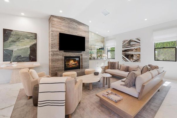 Fireplace, Interior, Living room, Marble, Recessed Lighting, Stone Walls
