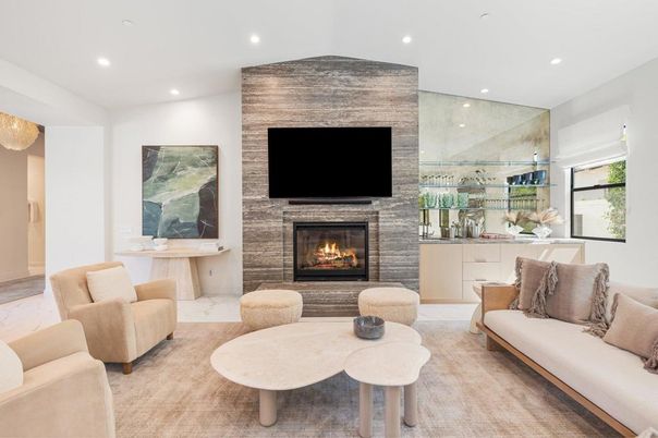 Fireplace, Interior, Living room, Recessed Lighting, Stone Walls