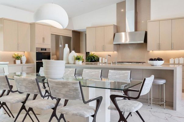 Dining room, Interior, Kitchen, Marble, Pendant Lights, Recessed Lighting, Stainless Steel Appliances