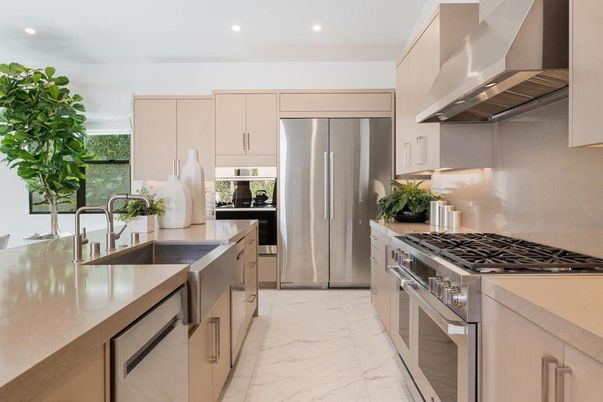 Interior, Kitchen, Marble, Recessed Lighting, Stainless Steel Appliances