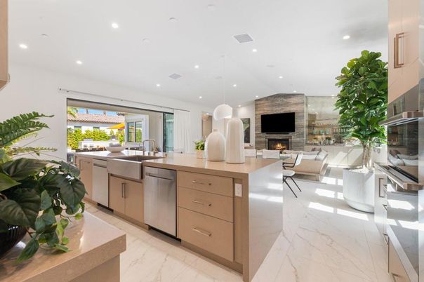 Fireplace, Interior, Kitchen, Living room, Marble, Pendant Lights, Recessed Lighting, Stainless Steel Appliances