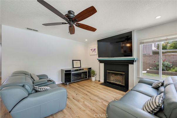 Fireplace, Interior, Living room, Recessed Lighting, Wood Texture Flooring