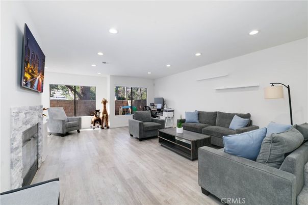 Fireplace, Interior, Living room, Recessed Lighting, Wood Texture Flooring