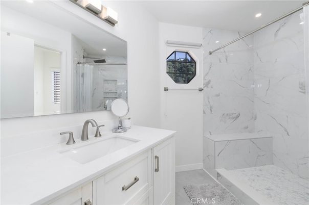 Bathroom, Glass Shower, Interior, Marble Walls, Recessed Lighting