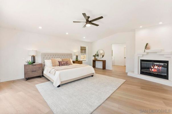 Bedroom, Fireplace, Interior, Recessed Lighting, Wood Texture Flooring