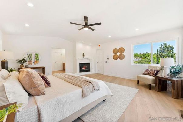 Bedroom, Fireplace, Interior, Recessed Lighting, Wood Texture Flooring