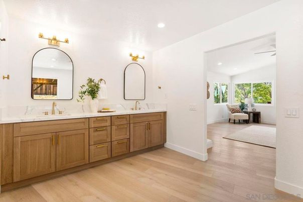 Bathroom, Dual Sink Vanities, Interior, Recessed Lighting, Wood Texture Flooring