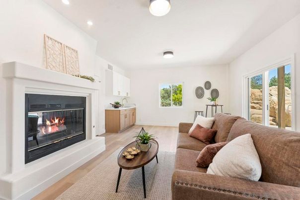 Fireplace, Interior, Living room, Recessed Lighting, Wood Texture Flooring