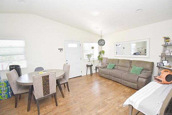 Dining room, Interior, Living room, Pendant Lights, Recessed Lighting, Wood Texture Flooring