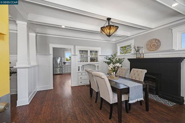Dining room, Fireplace, Interior, Wood Texture Flooring