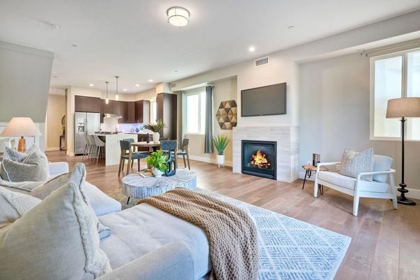 Dining room, Fireplace, Interior, Kitchen, Living room, Pendant Lights, Recessed Lighting, Stainless Steel Appliances, Wood Texture Flooring