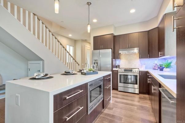 Interior, Kitchen, Pendant Lights, Recessed Lighting, Stainless Steel Appliances, Wood Texture Flooring