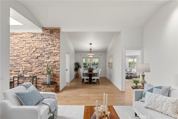 Dining room, Interior, Living room, Pendant Lights, Stone Walls, Wood Texture Flooring