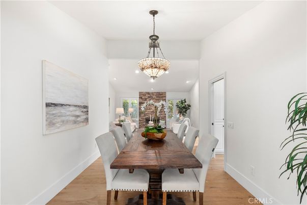 Dining room, Fireplace, Interior, Pendant Lights, Recessed Lighting, Wood Texture Flooring